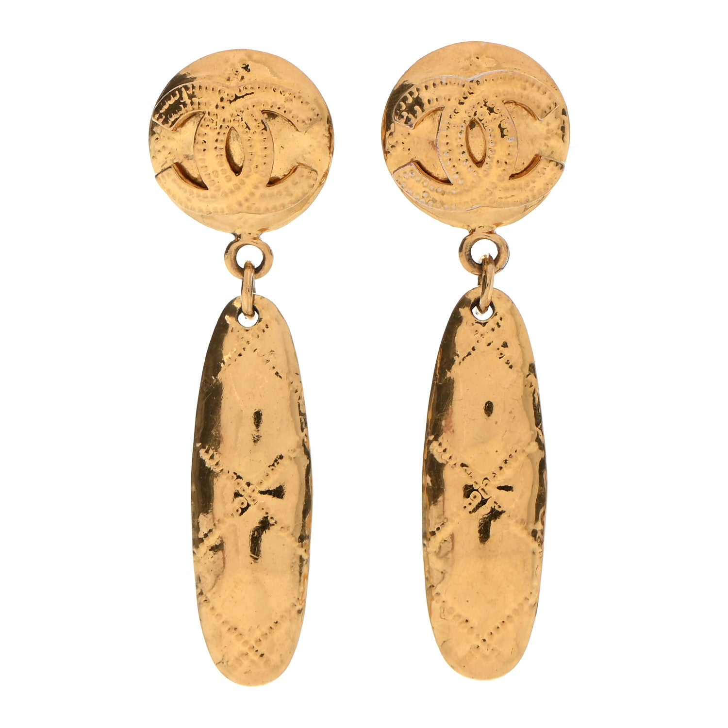 Chanel Metal CC Quilted Drop Clip On Earrings Gold 1 of 5