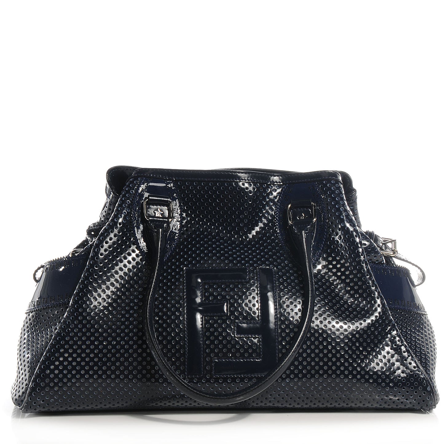 Patent Perforated Calfskin Bag De Jour Perforated Tote Navy