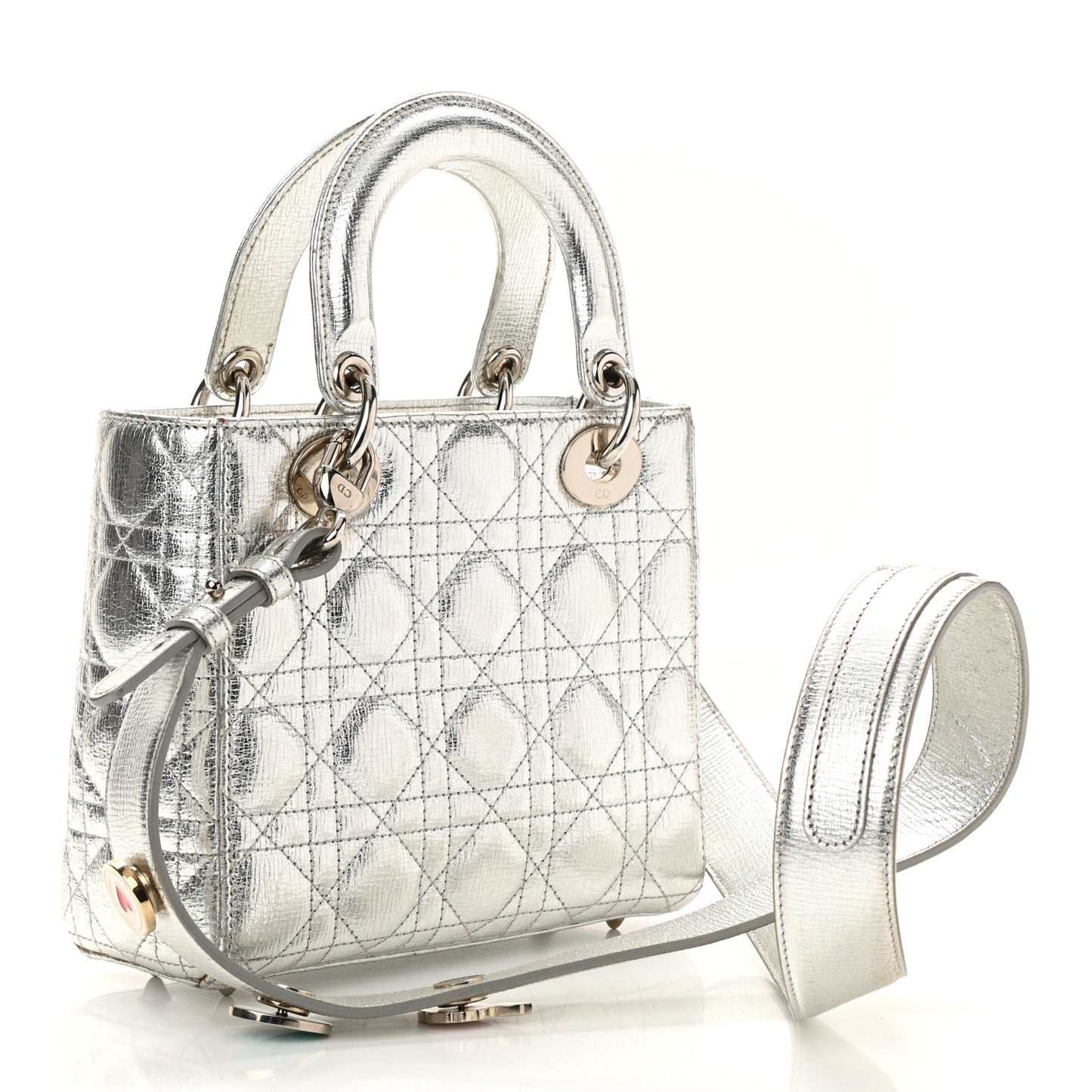 Metallic Grained Calfskin Cannage Small Lucky Badges My Lady Dior Silver