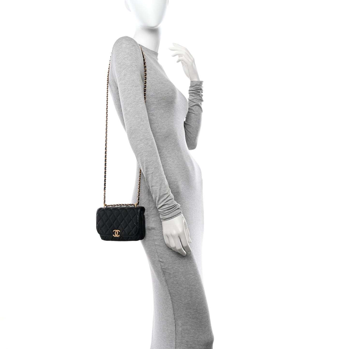 Shiny Lambskin Quilted Flap Phone Holder With Chain Black