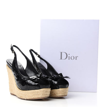 Christian Dior Patent Cannage Ribbon Wedge Sandals 38.5 Black 16 of 16