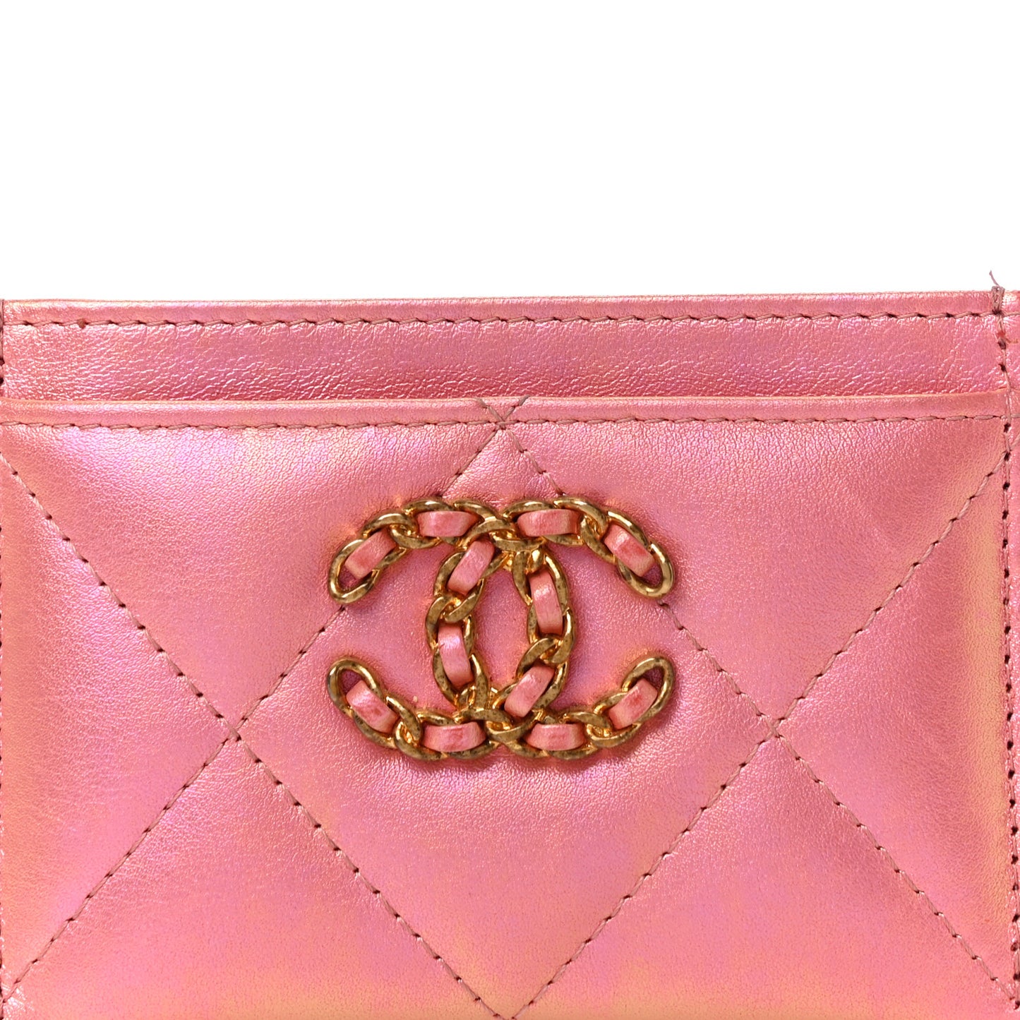 Iridescent Calfskin Quilted Chanel 19 Card Holder Pink