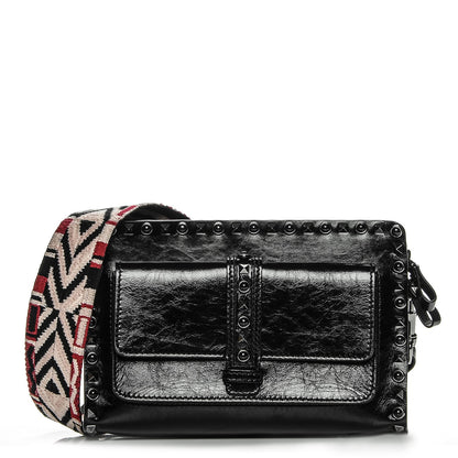 Valentino Garavani Craquele Calfskin Small Guitar Strap Rockstud Rolling Flap Pocket Shoulder Bag Black 3 of 7