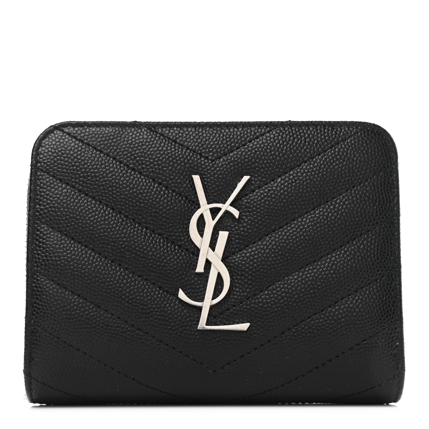 Saint Laurent Grain De Poudre Matelasse Chevron Monogram Compact Zip Around Wallet Black 1 of 9