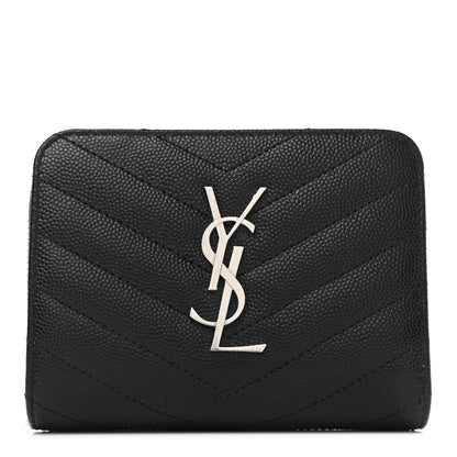 Saint Laurent Grain De Poudre Matelasse Chevron Monogram Compact Zip Around Wallet Black 1 of 9