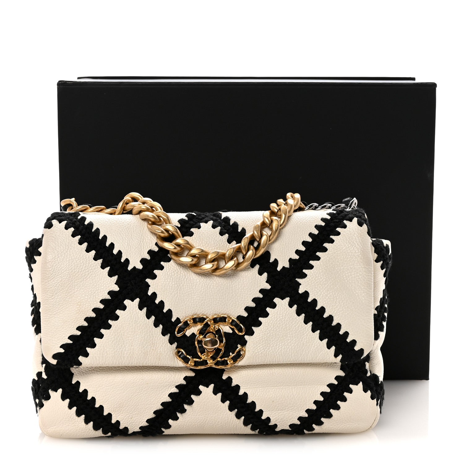 Chanel Calfskin Crochet Medium Chanel 19 Flap White Black 1862025