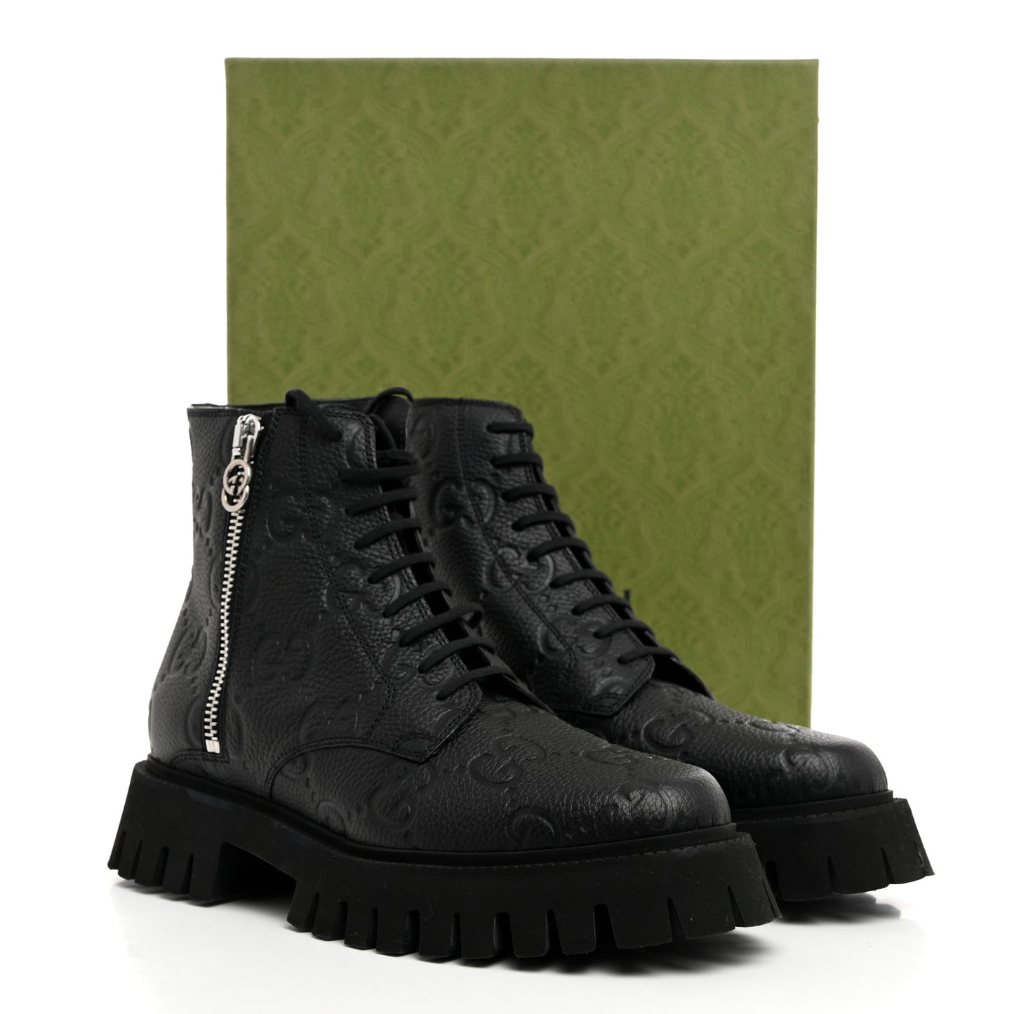 Calfskin Embossed Monogram Lace Up Ankle Boots 8 Black