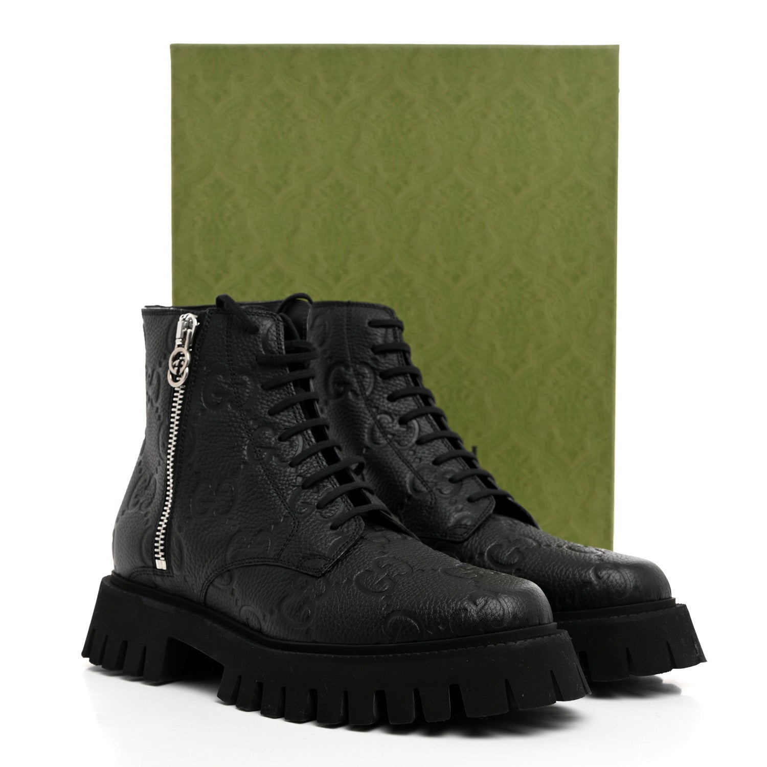 Gucci Calfskin Embossed Monogram Lace Up Ankle Boots 8 Black 9 of 9