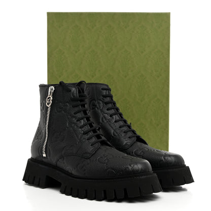 Gucci Calfskin Embossed Monogram Lace Up Ankle Boots 8 Black 9 of 9