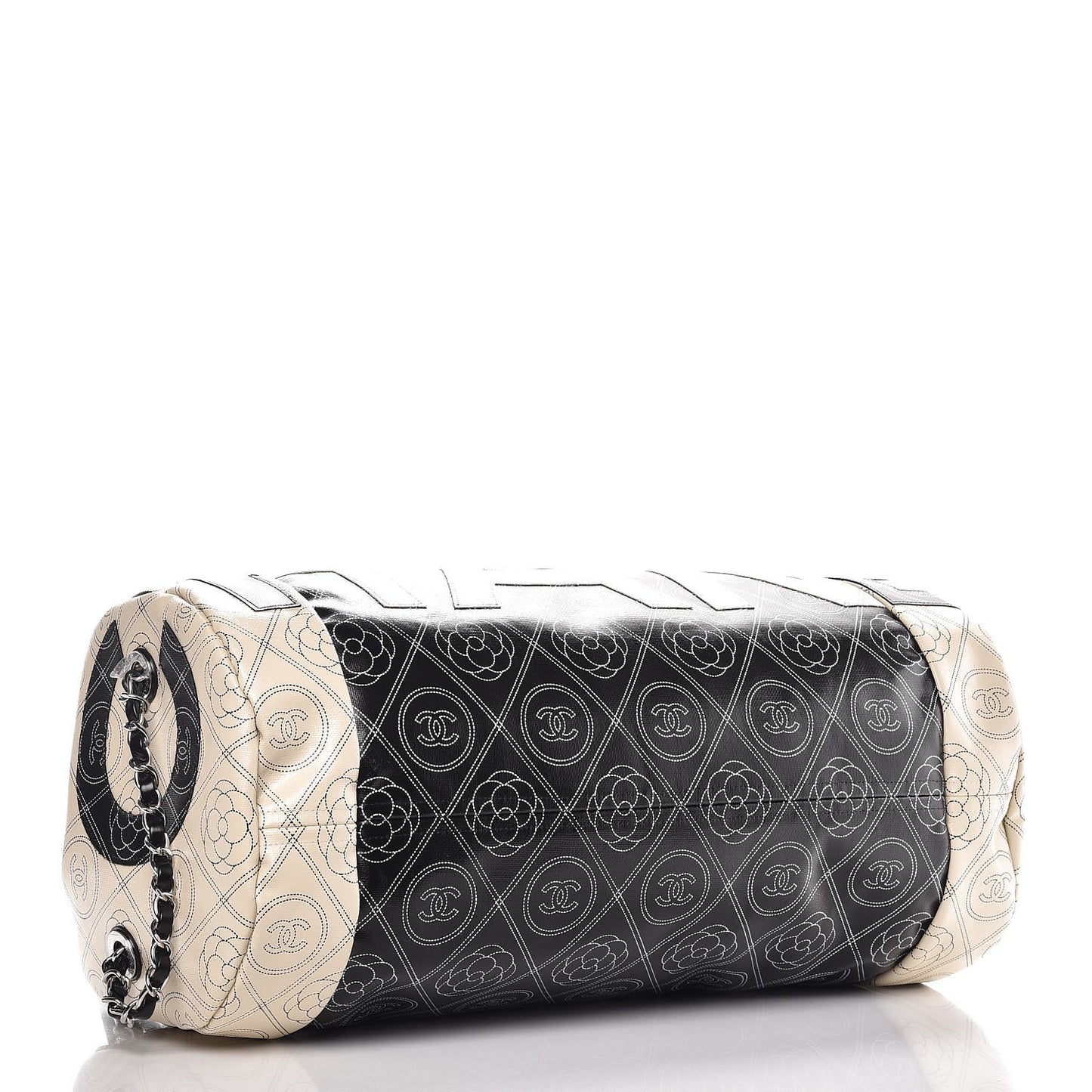 Coated Canvas Camellia Printed Calfskin Bowling Bag Black Beige