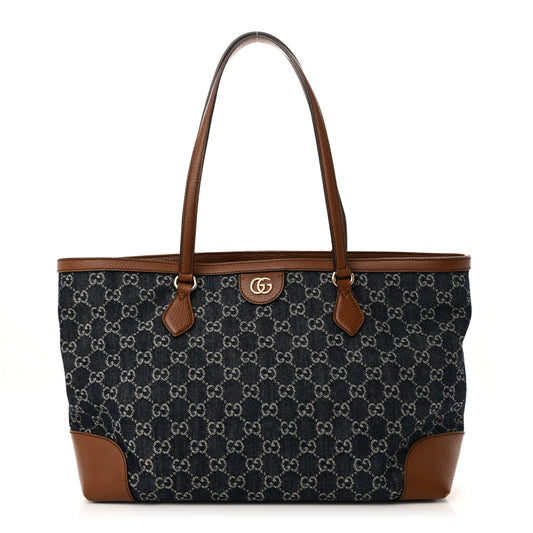 New Denim GG Monogram Medium Ophidia Shopping Tote Blue Tea Cuir