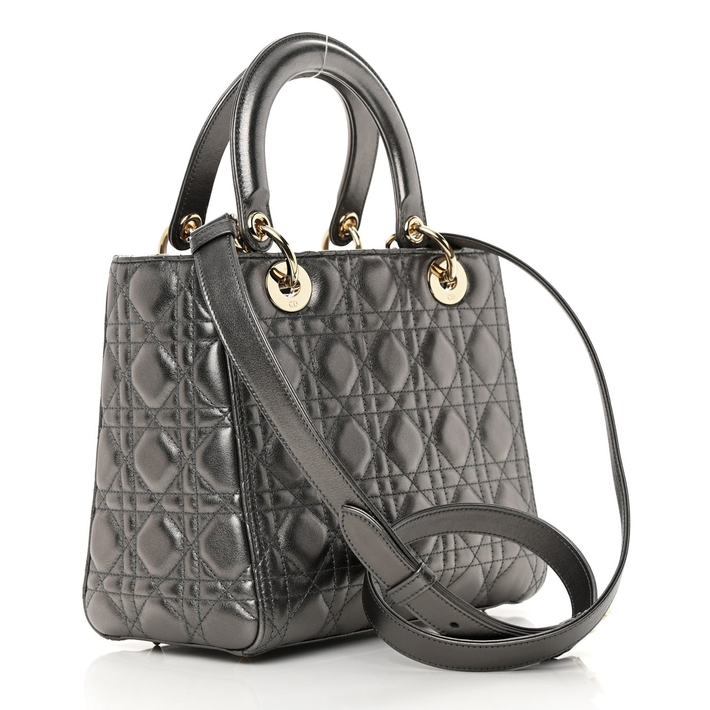 Metallic Calfskin Cannage Medium Lady Dior Gunmetal Grey