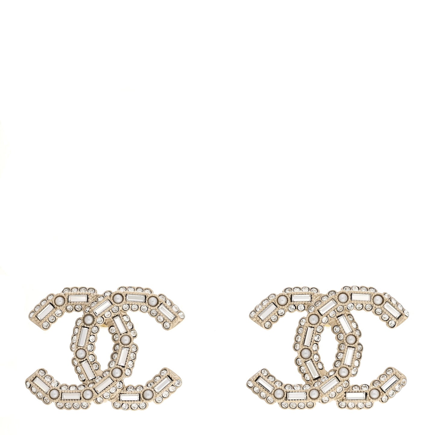 Crystal Baguette Pearl CC Earrings Gold Pearly White
