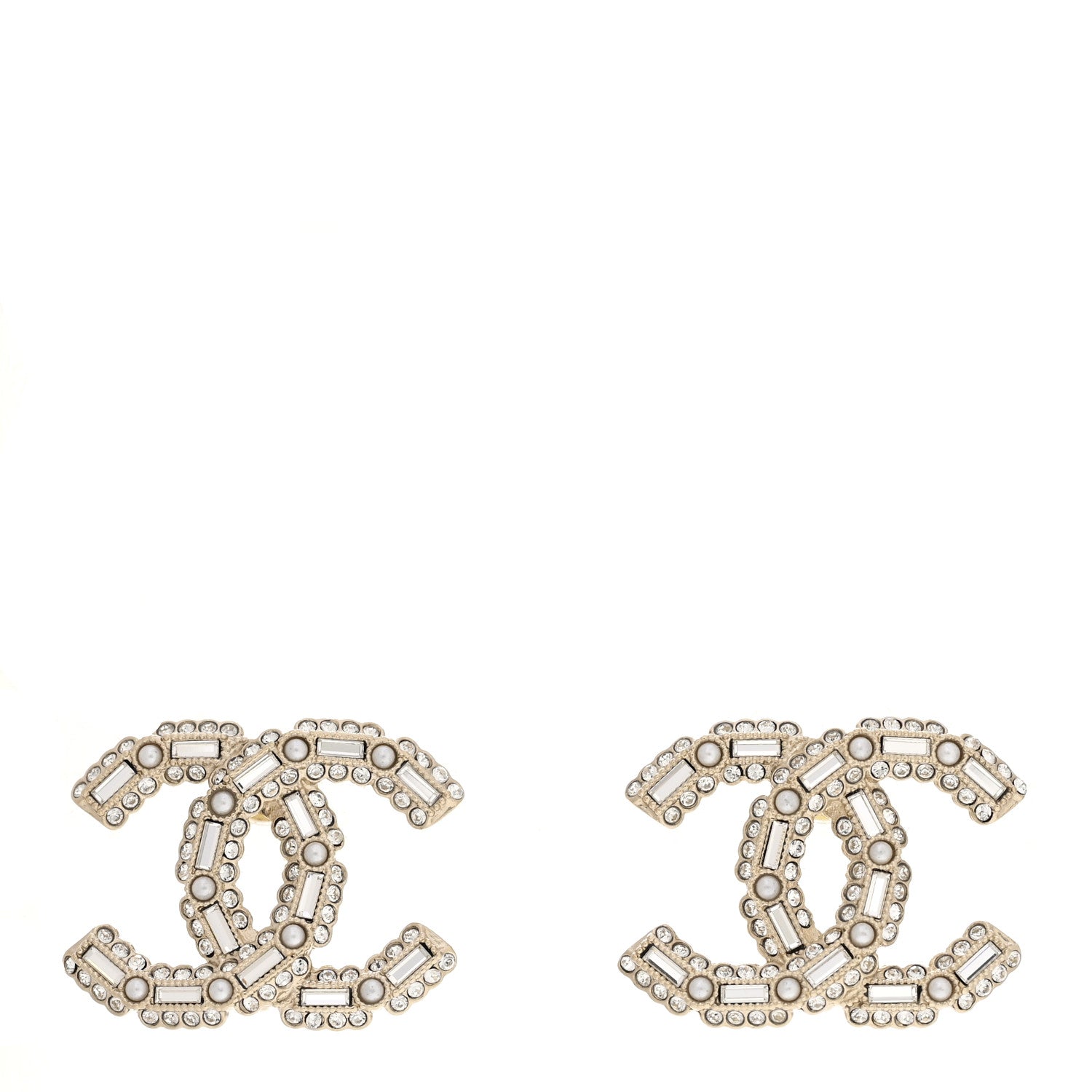 Chanel Crystal Baguette Pearl CC Earrings Gold Pearly White 1 of 4