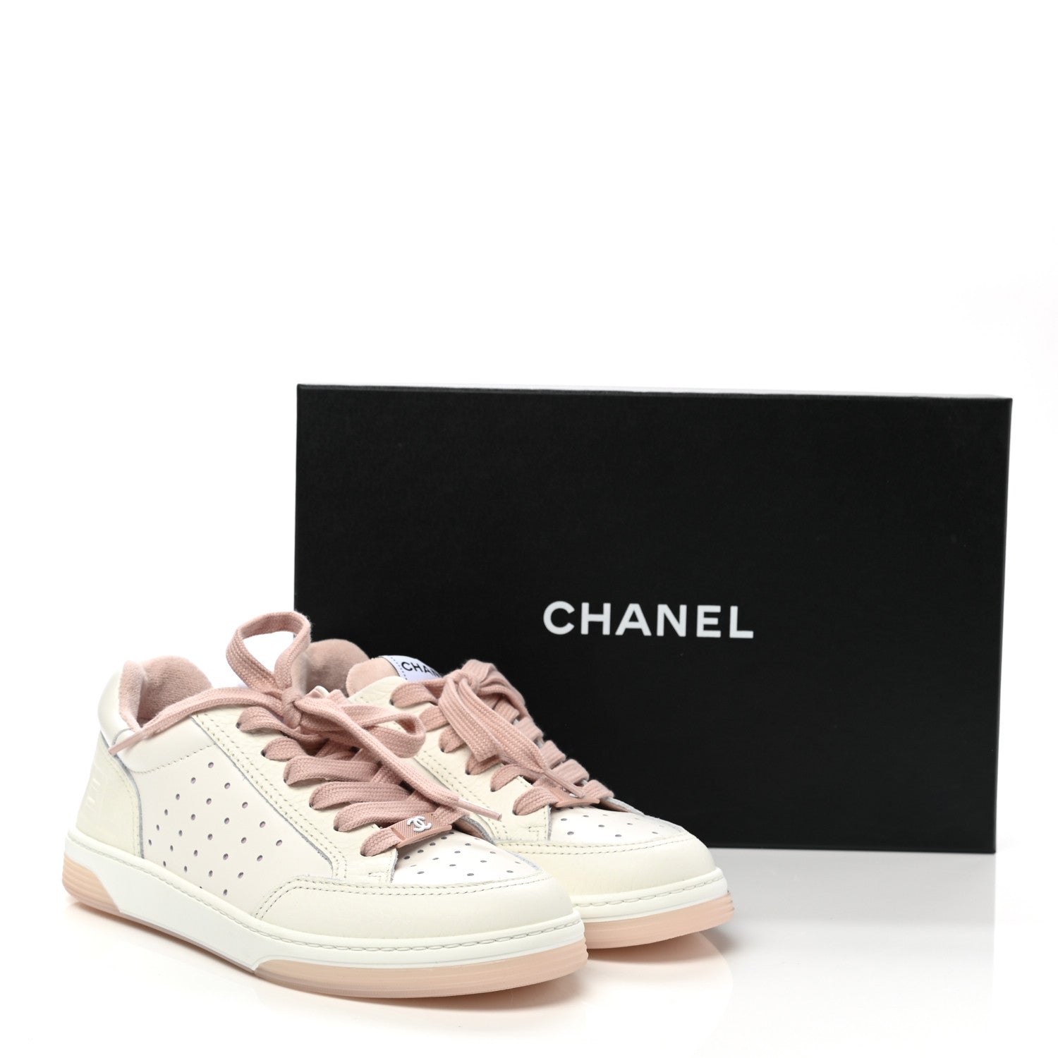 Chanel Grained Calfskin Fabric Womens Logo Sneakers 37.5 White Light Pink 9 of 9