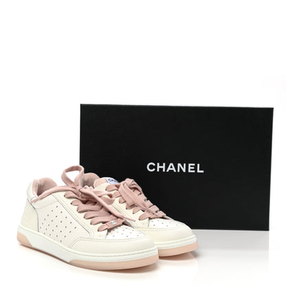 Chanel Grained Calfskin Fabric Womens Logo Sneakers 37.5 White Light Pink 9 of 9
