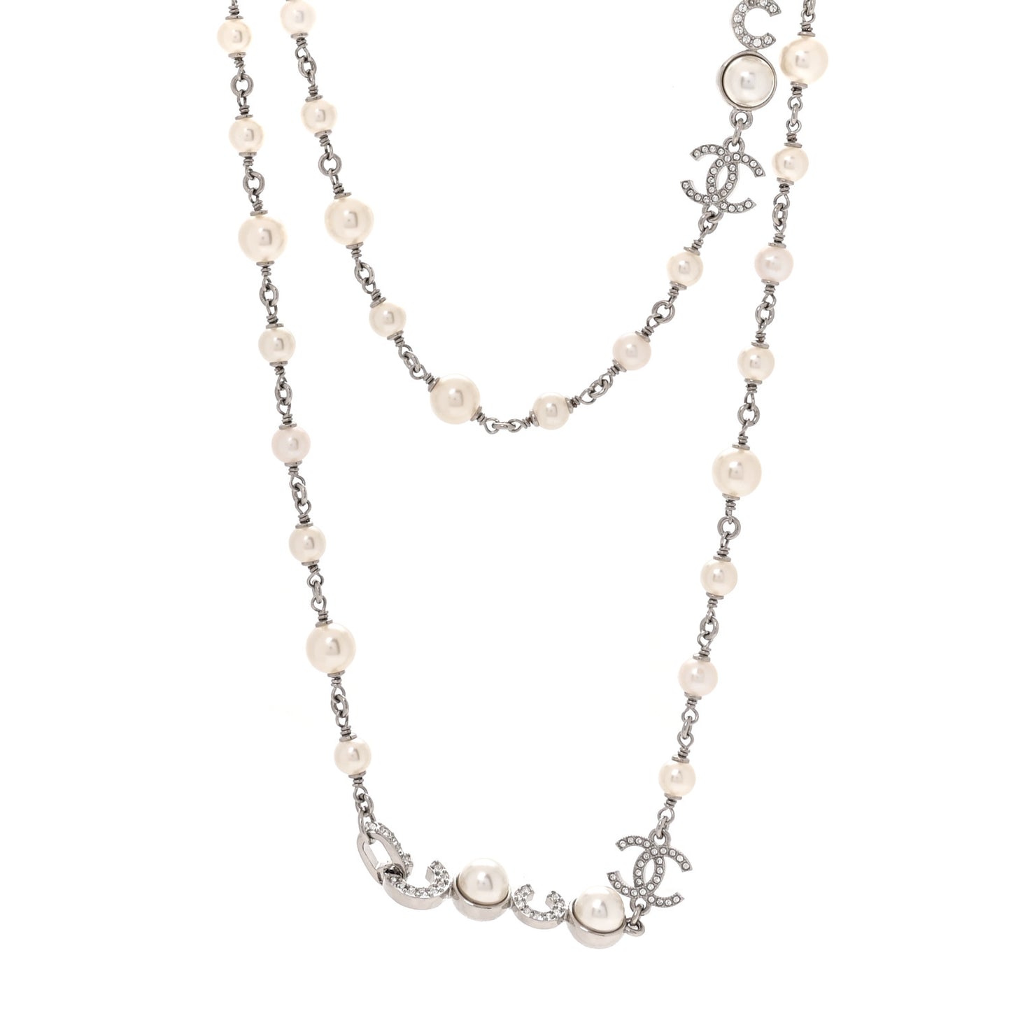 Metal Crystal Pearl Coco CC Necklace Silver