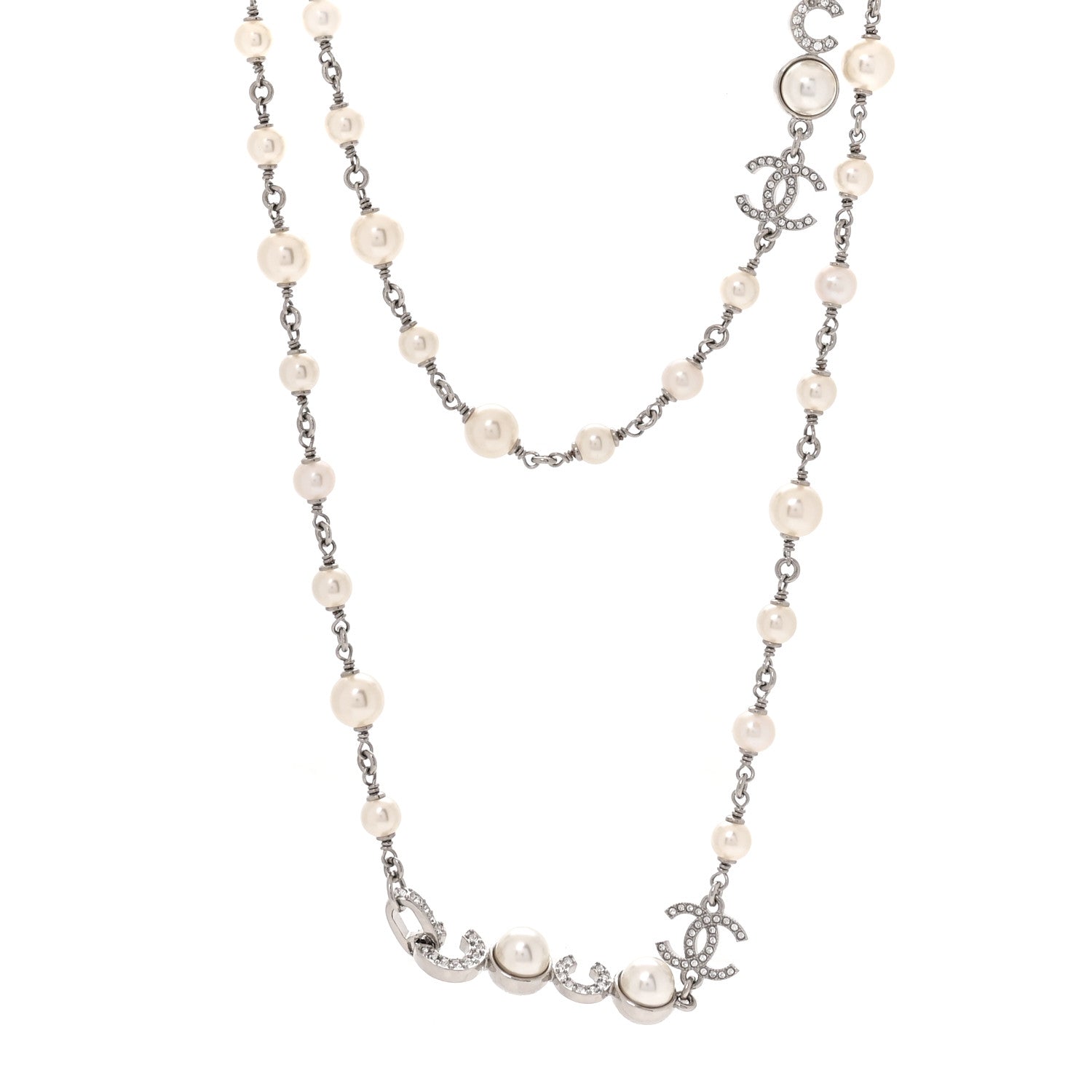 Chanel Metal Crystal Pearl Coco CC Necklace Silver 1 of 5