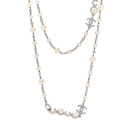 Chanel Metal Crystal Pearl Coco CC Necklace Silver 1 of 5