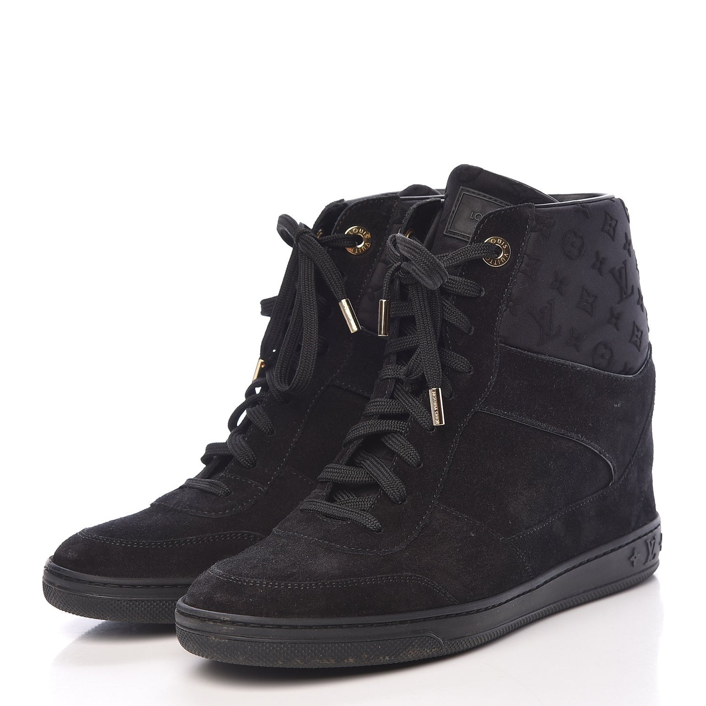 Calfskin Suede Monogram Cliff Top Wedge Sneakers 38.5 Black
