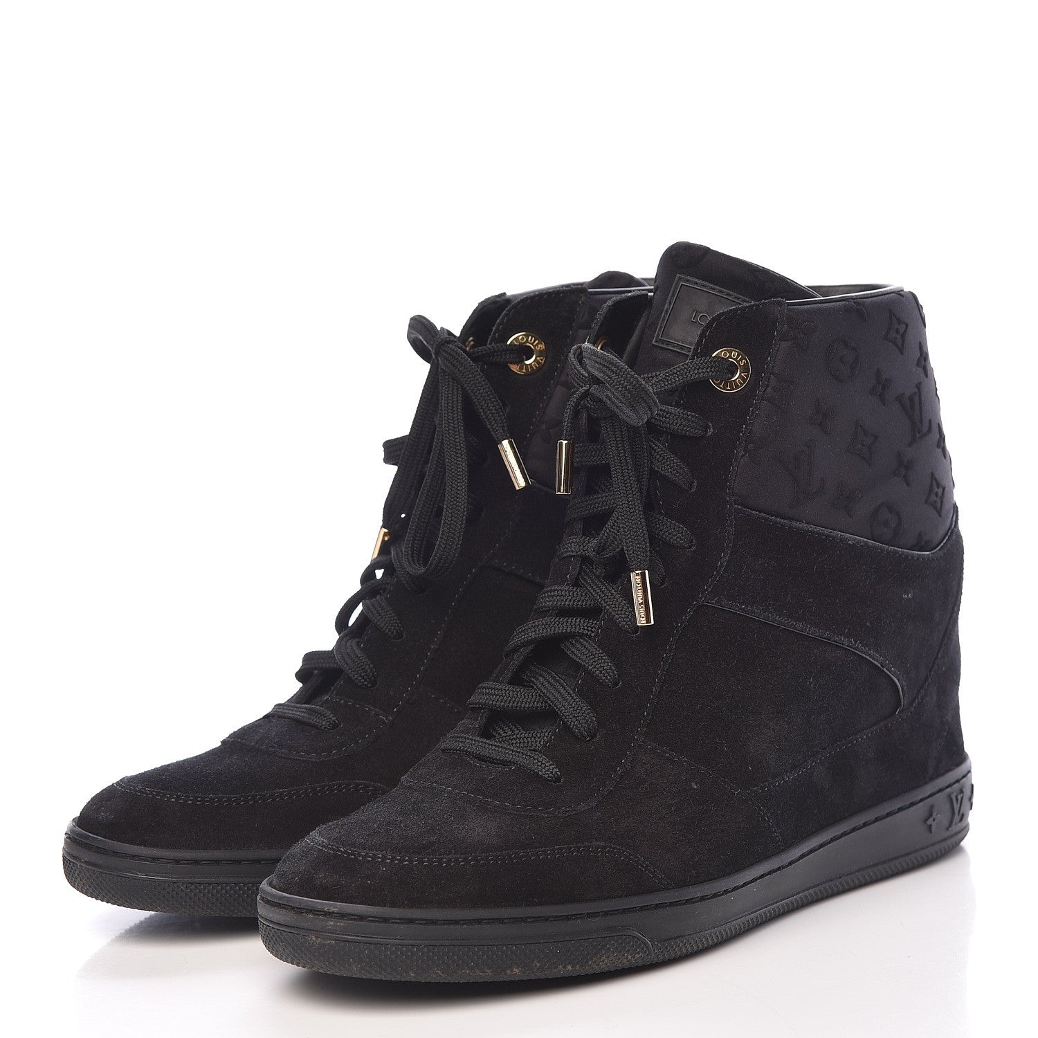 Louis Vuitton Calfskin Suede Monogram Cliff Top Wedge Sneakers 38.5 Black 3 of 14