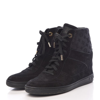 Louis Vuitton Calfskin Suede Monogram Cliff Top Wedge Sneakers 38.5 Black 3 of 14