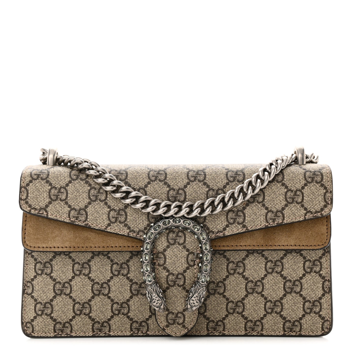 GG Supreme Monogram Suede Crystal Small Dionysus Shoulder Bag Beige Ebony Taupe