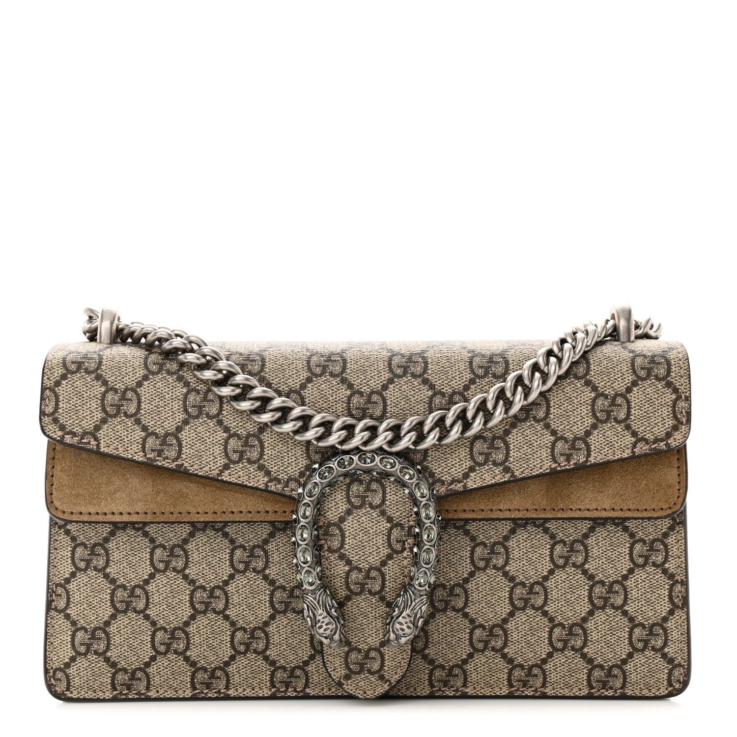Gucci GG Supreme Monogram Suede Crystal Small Dionysus Shoulder Bag Beige Ebony Taupe 1 of 12