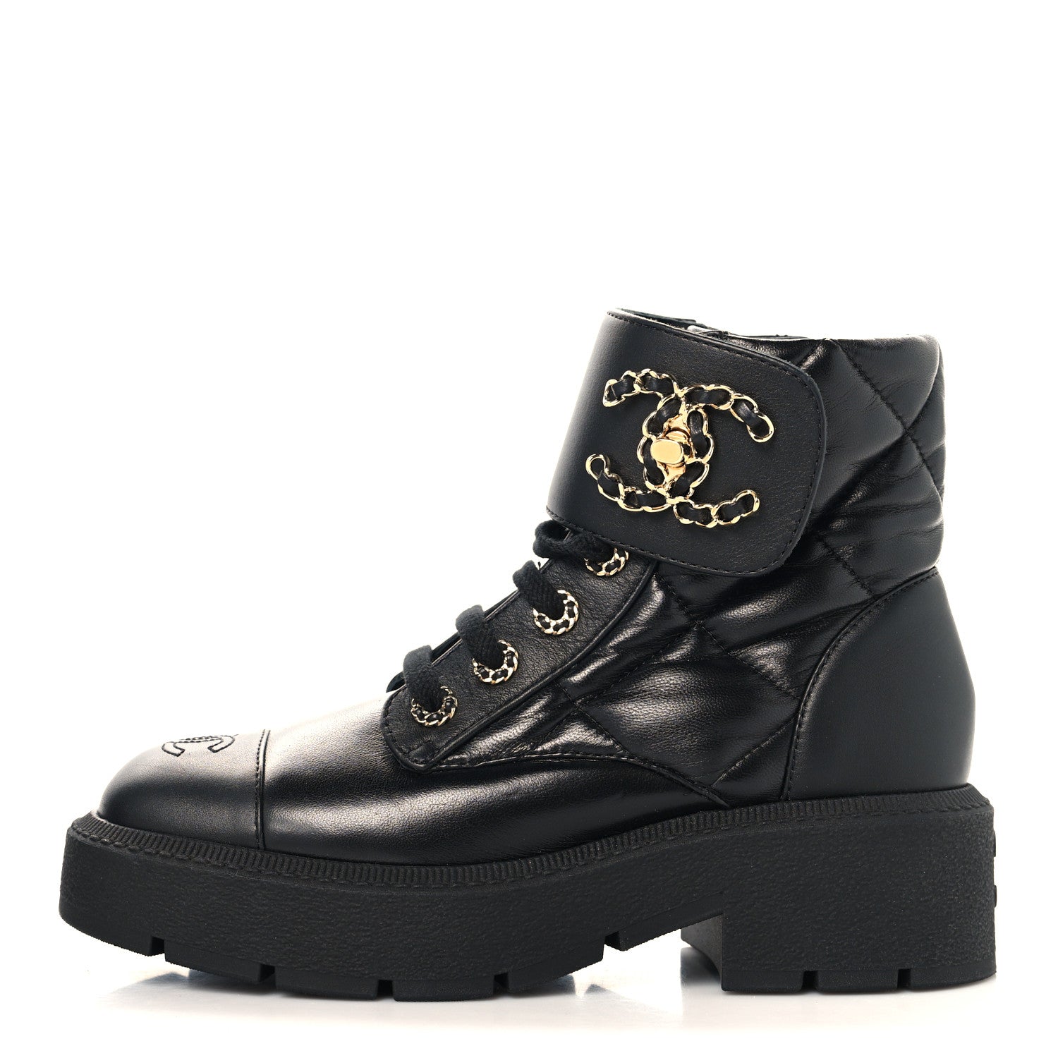 Chanel Lambskin Calfskin Quilted Lace Up Combat Boots 36.5 Black 1 of 9