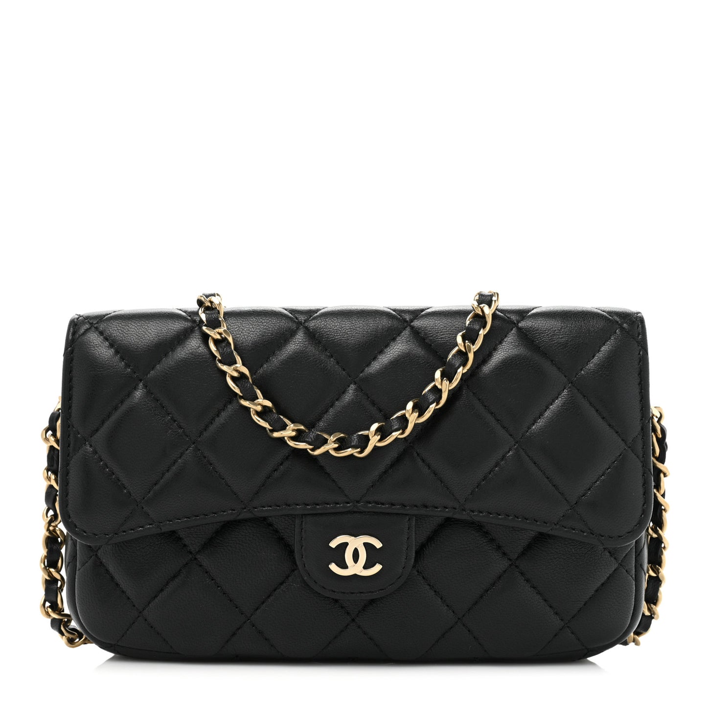 Lambskin Quilted Flap Phone Holder With Chain Black