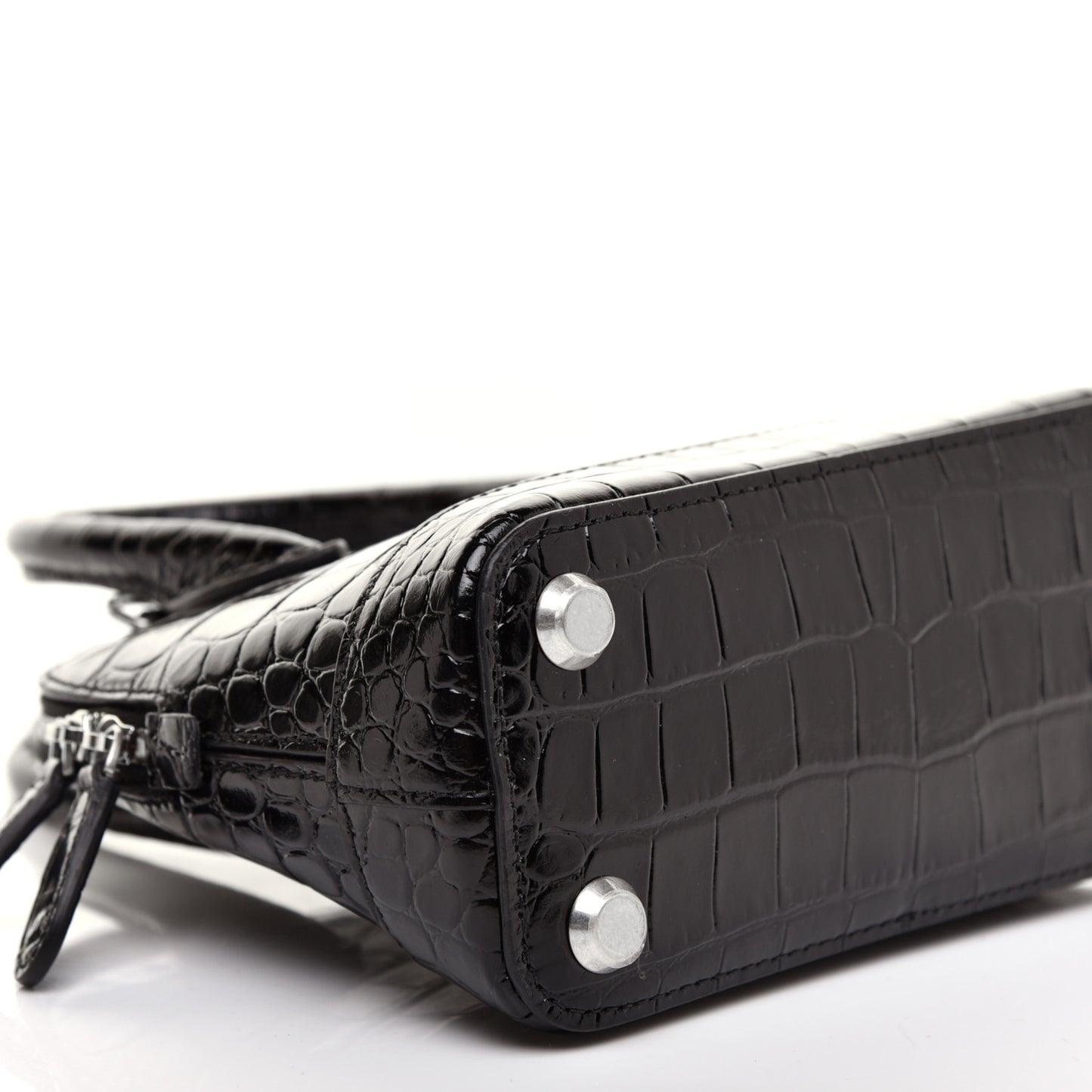 Shiny Calfskin Logo Crocodile Embossed XXS Ville Top Handle Bag Black White