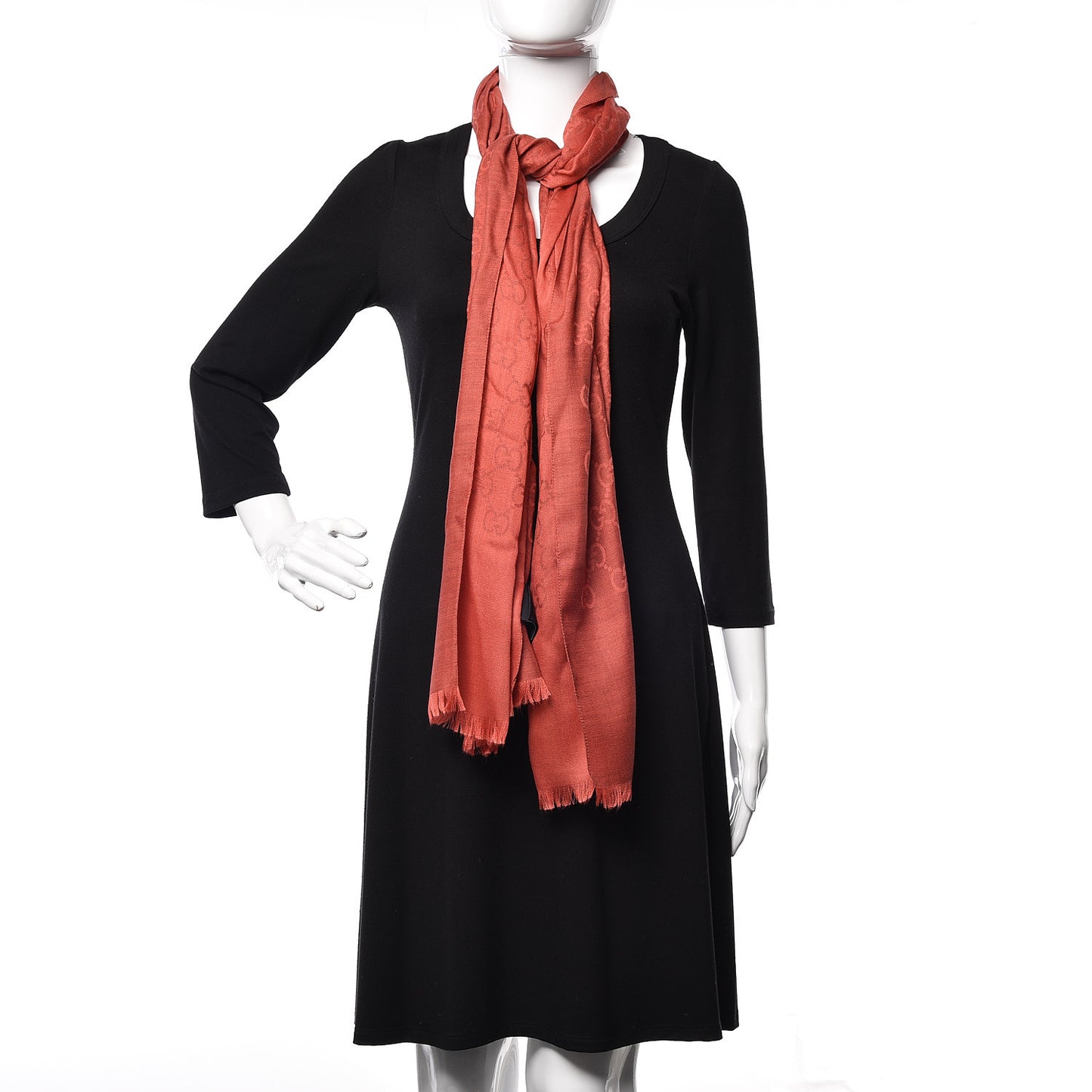 Wool Silk Monogram Fringe Scarf Red