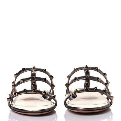 Valentino Garavani Metallic Nappa Rockstud Caged Flat Slide Sandals 38.5 Sasso 2 of 10