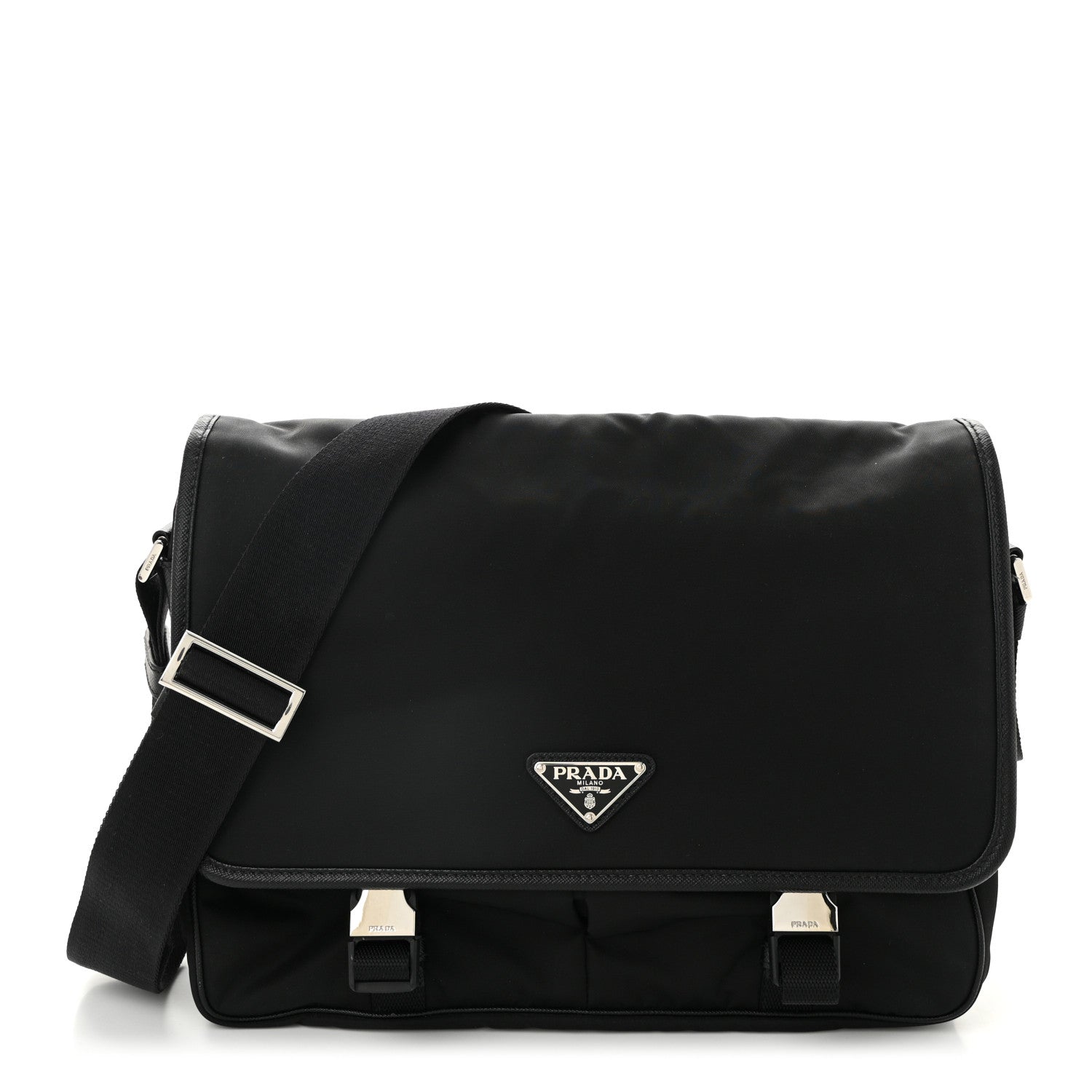 Prada Tessuto Nylon Saffiano Large Double Snap Buckle Messenger Bag Black 1 of 10