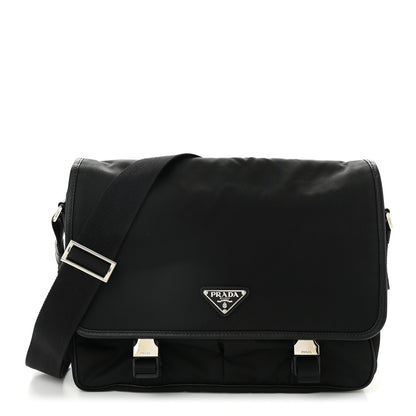 Prada Tessuto Nylon Saffiano Large Double Snap Buckle Messenger Bag Black 1 of 10
