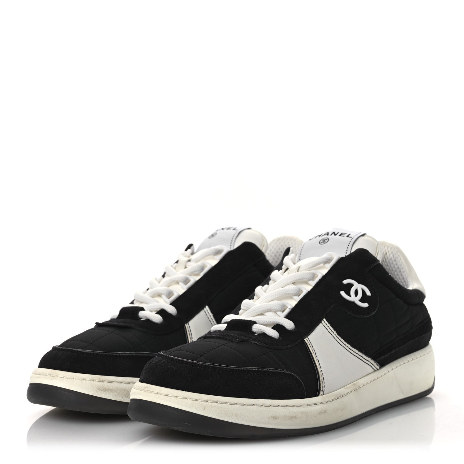 Chanel Suede Fabric Calfskin Womens CC Sneakers 41 Black White 4 of 13