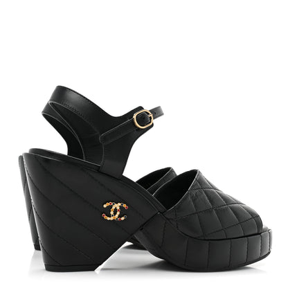 Chanel Lambskin Quilted Peep Toe Wedge Sandals 38.5 Black 4 of 9