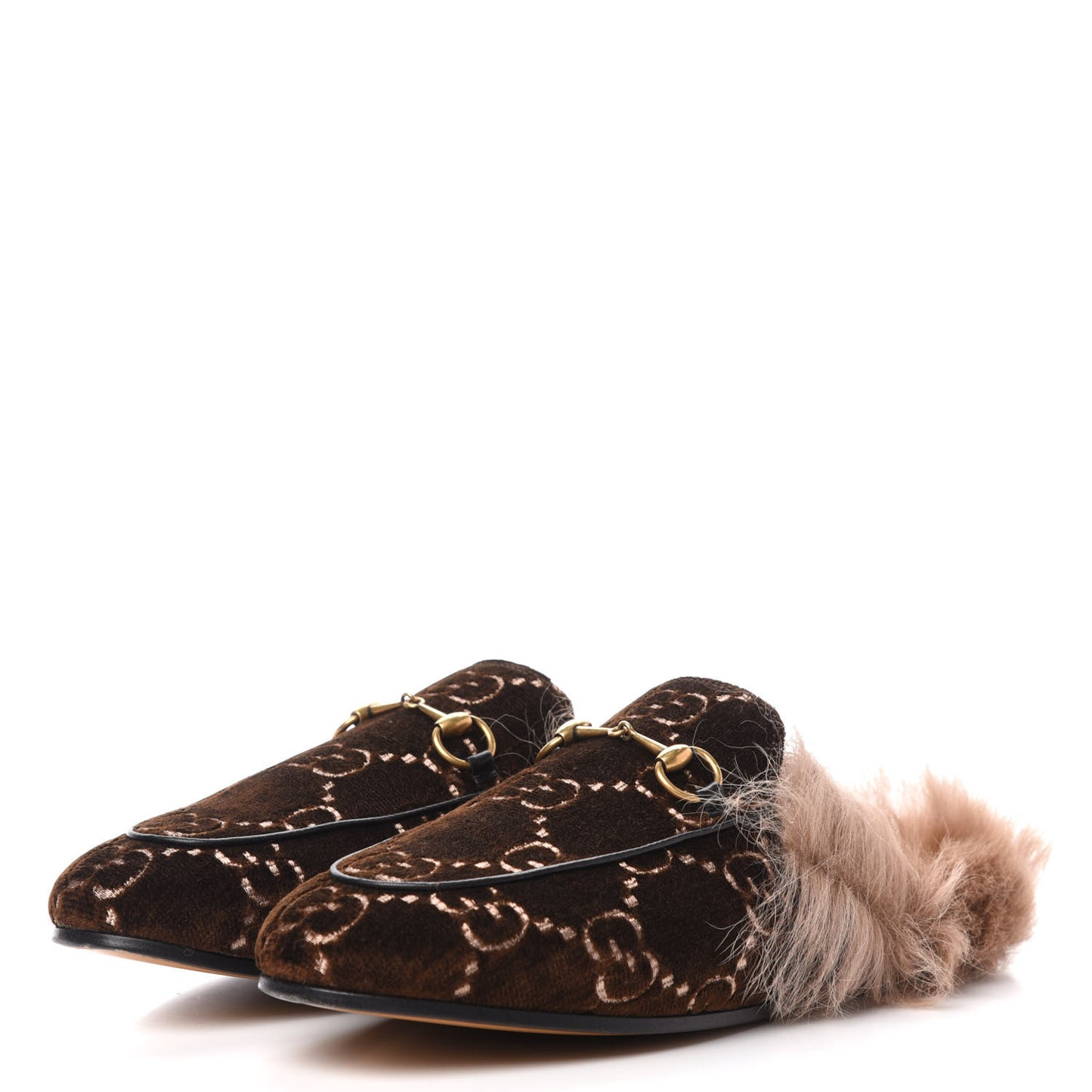 Velvet GG Monogram Fur Womens Princetown Slippers 39 Brown Black Natural
