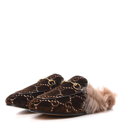Gucci Velvet GG Monogram Fur Womens Princetown Slippers 39 Brown Black Natural 3 of 10