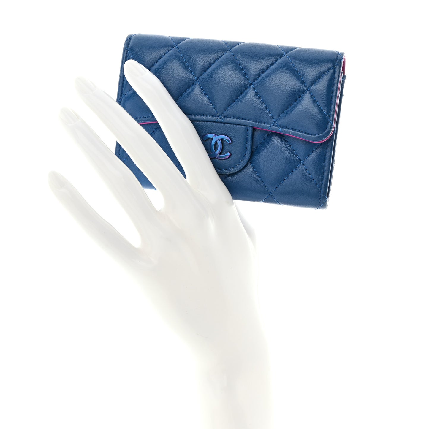 Lambskin Quilted Flap Card Holder Wallet Blue Pink