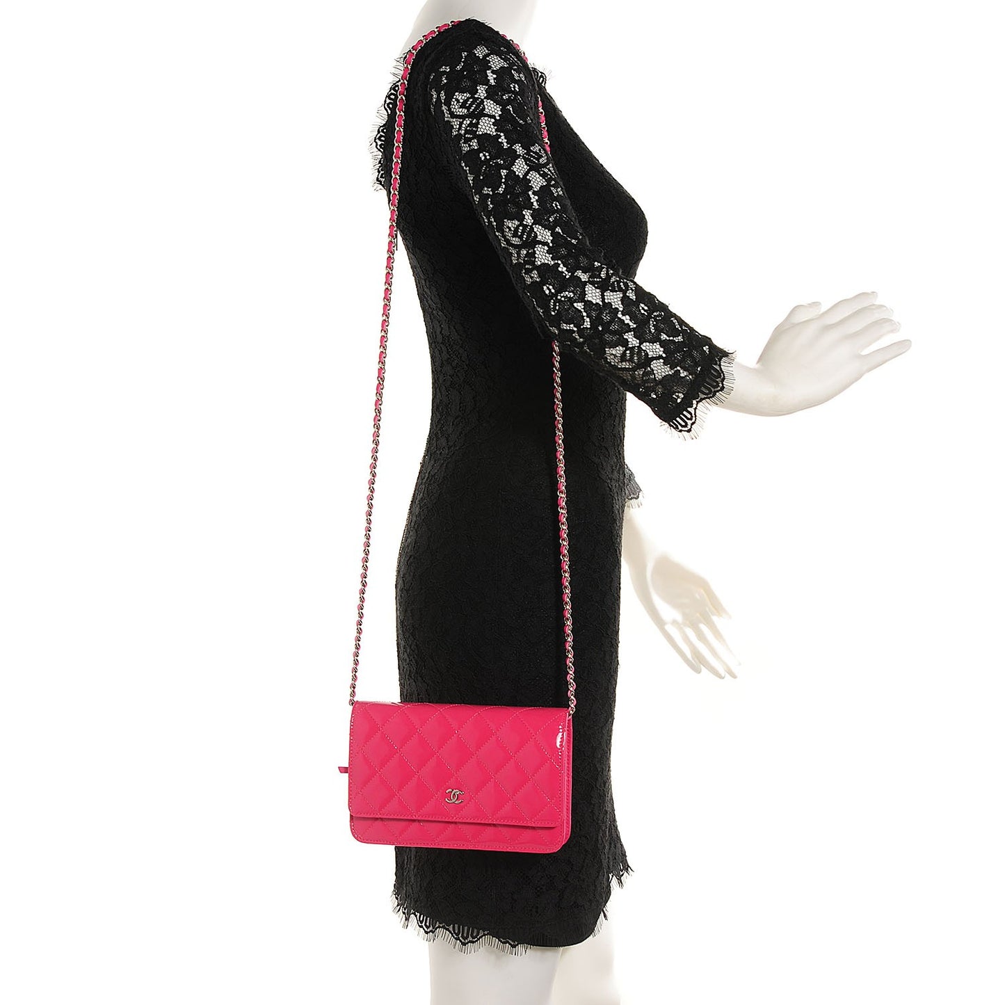 Patent Quilted Wallet On Chain WOC Fuchsia