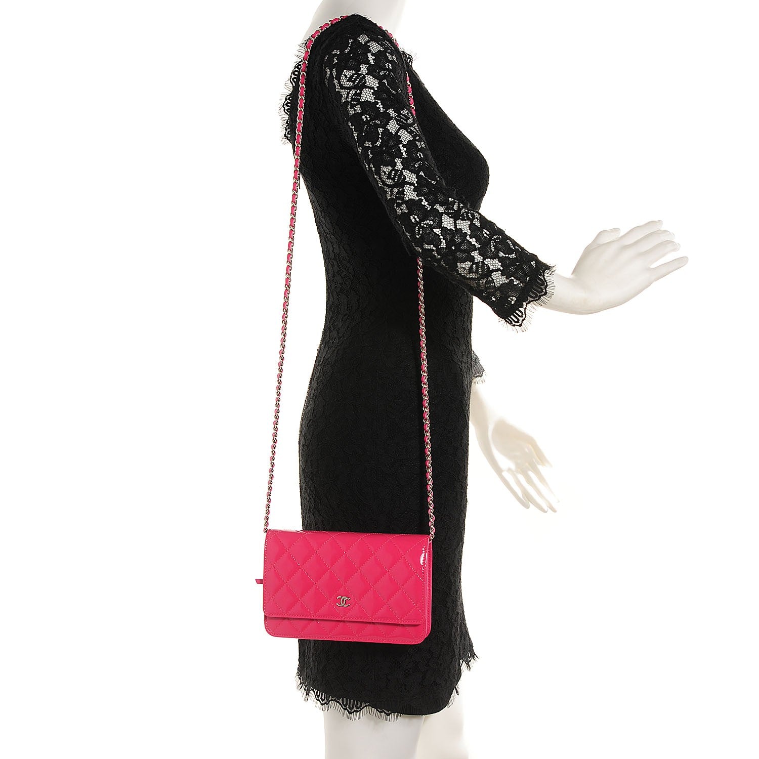 Chanel Patent Quilted Wallet On Chain WOC Fuchsia 2 of 9