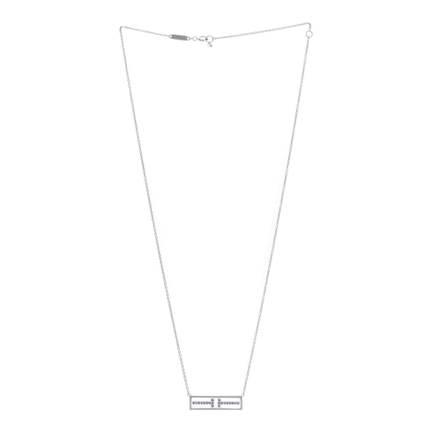 18K White Gold Blue Sapphire T Open Horizontal Bar Pendant Necklace