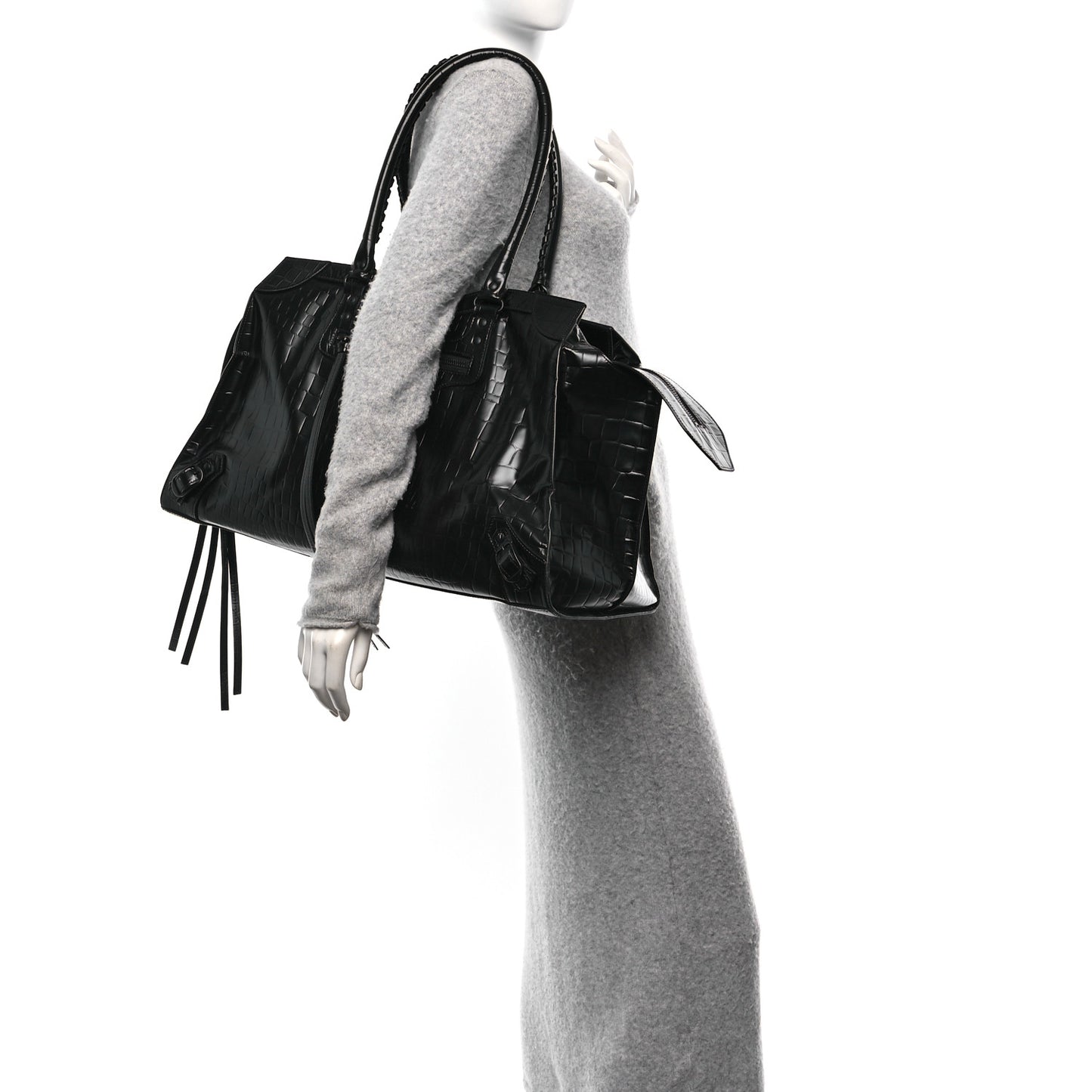 Semi Matte Calfskin Crocodile Embossed Neo Classic Black Hardware Large Top Handle Bag Black