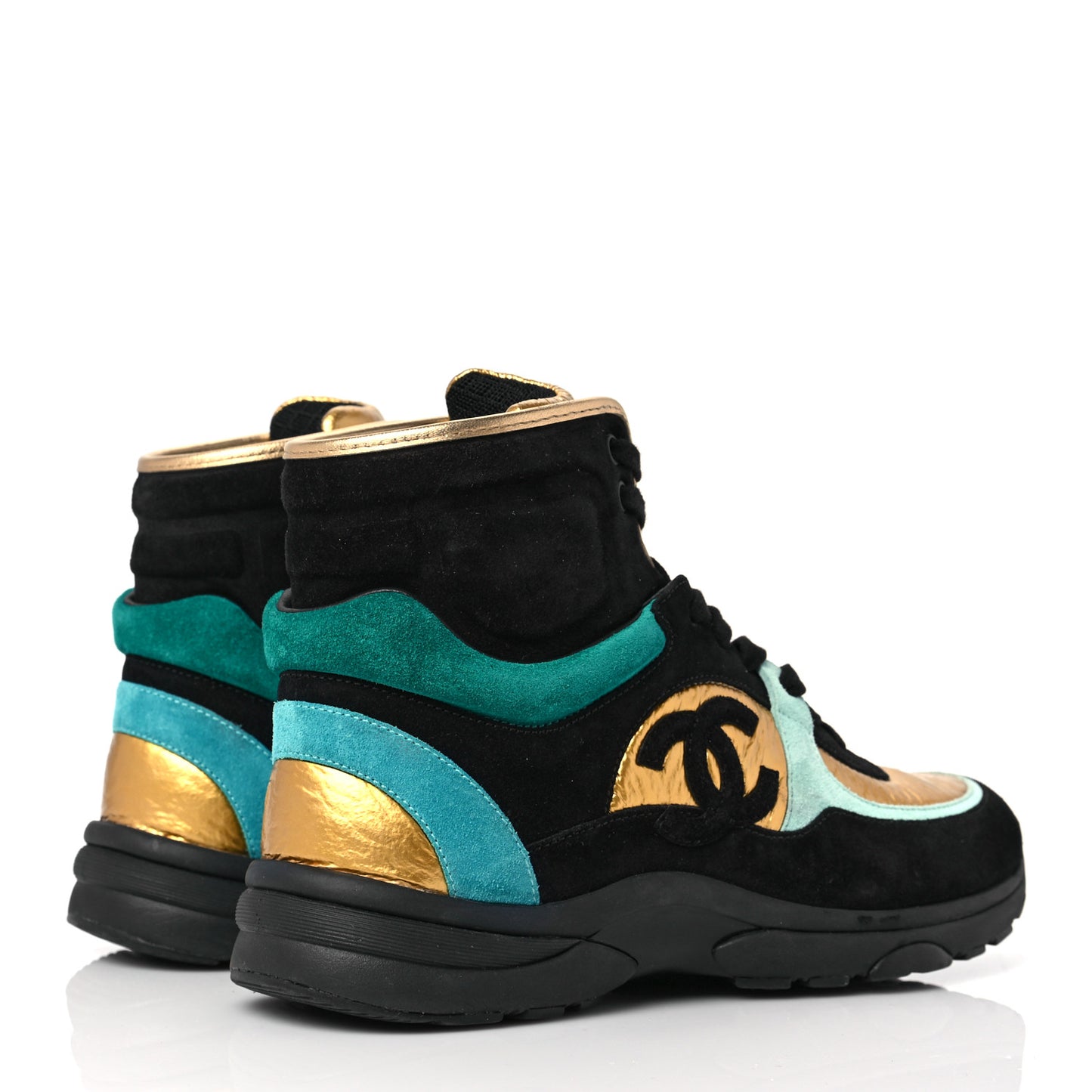 Suede Calfskin Fabric CC High Top Sneakers 39.5 Black Turquoise Gold