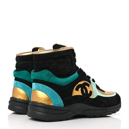 Chanel Suede Calfskin Fabric CC High Top Sneakers 39.5 Black Turquoise Gold 4 of 7