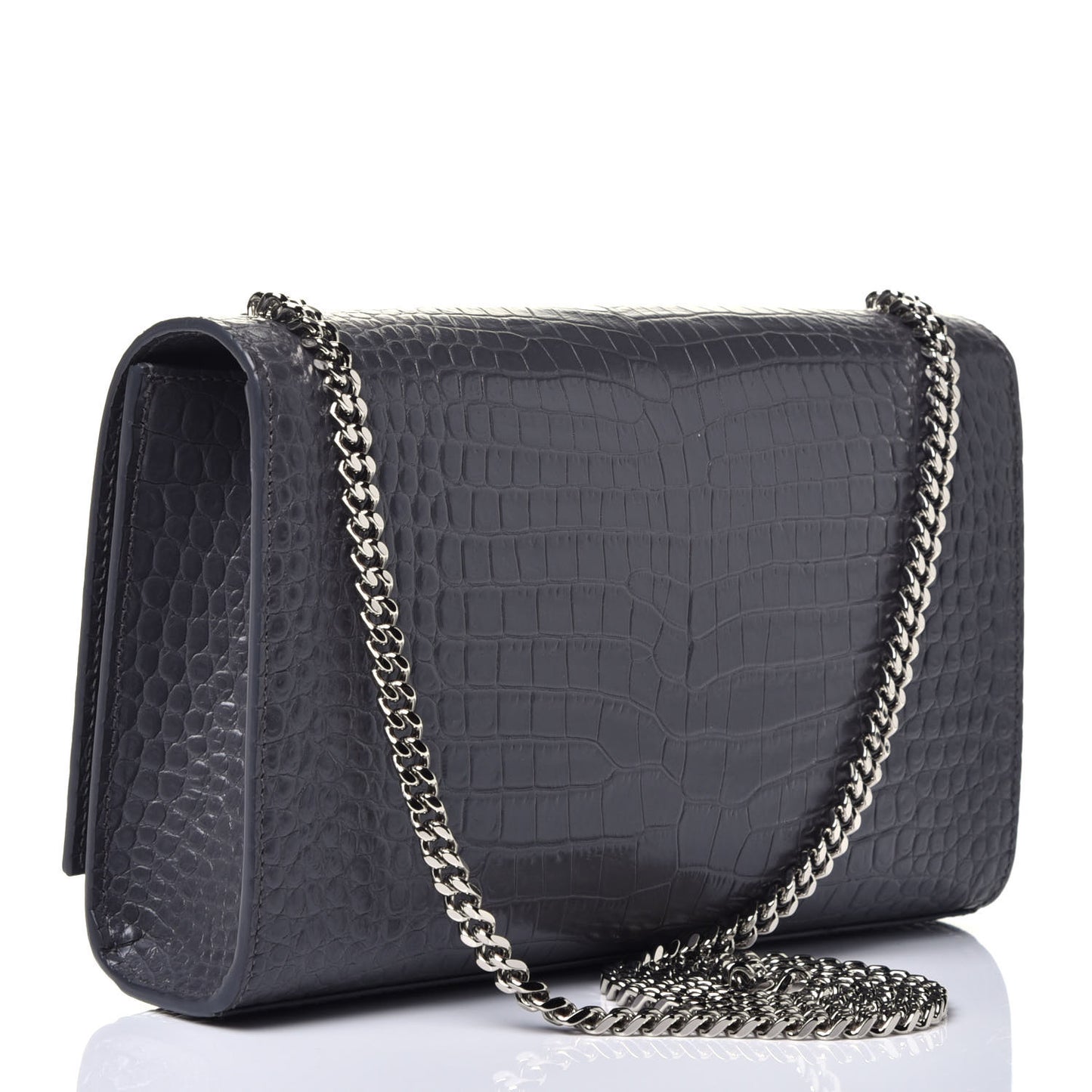 Calfskin Crocodile Embossed Medium Classic Monogram Kate Tassel Satchel Fog