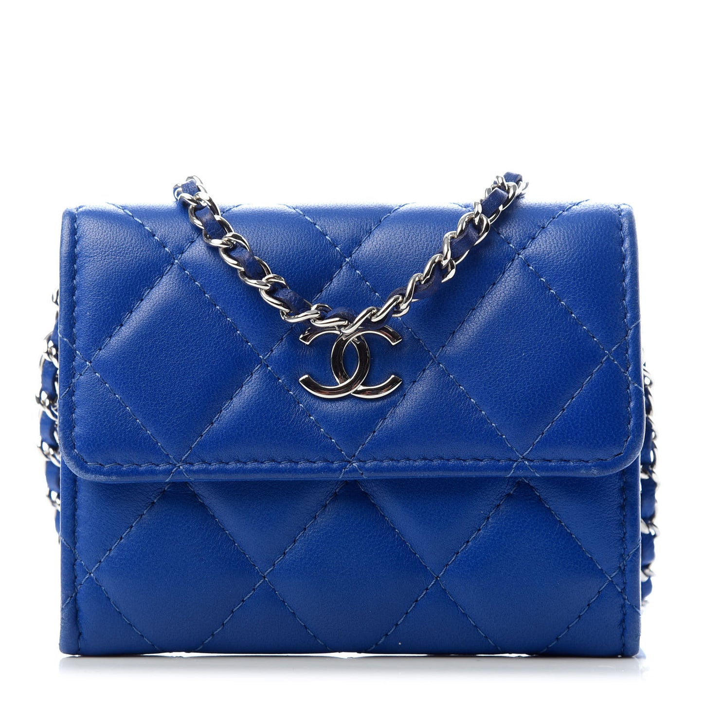 Lambskin Quilted Flap Card Holder On Chain Blue