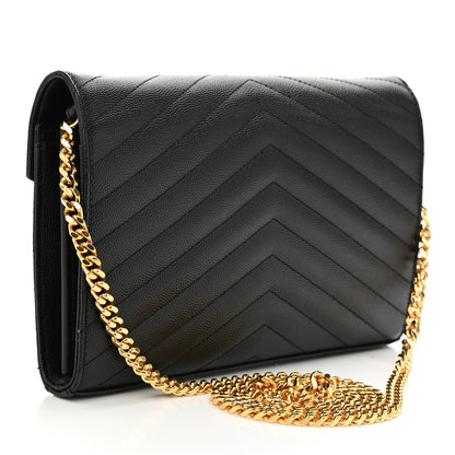 Saint Laurent Grain De Poudre Matelasse Chevron Monogram Chain Wallet Black 3 of 10
