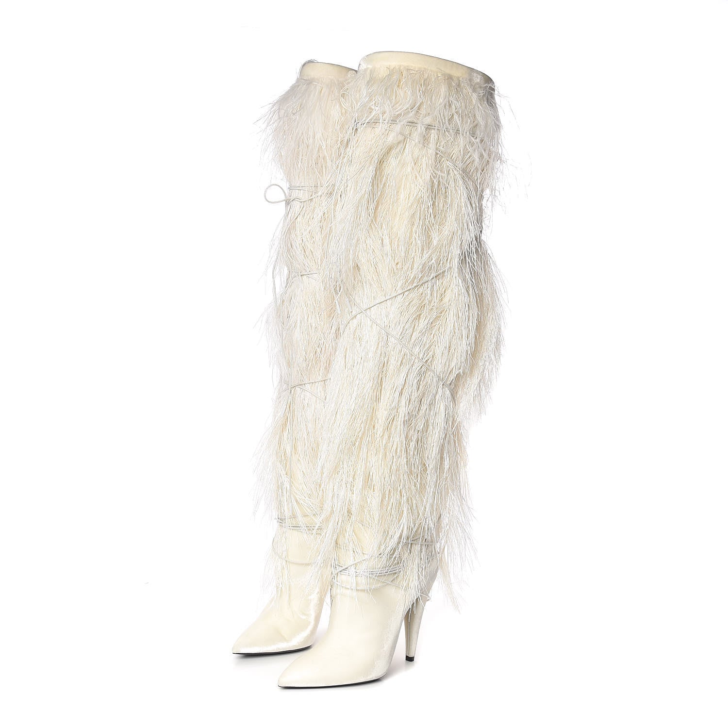 Saint Laurent Veluto Master Ostrich Yeti 110 Over The Knee Boots 38 Blanc Optique 2 of 8